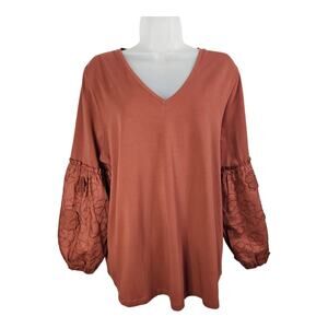 Chicos Burnt Orange Casual Knit V Neck Flower Artsy Womens Size XLarge NWOT